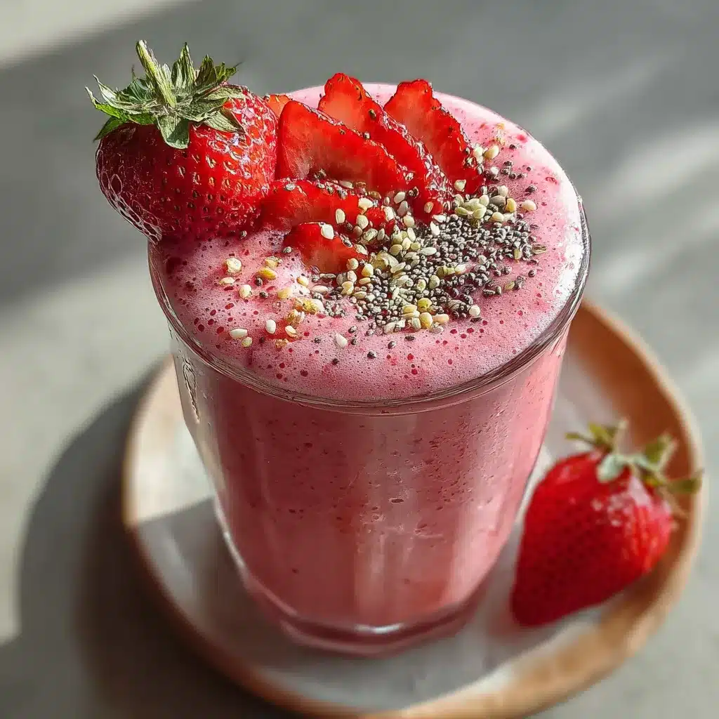 Batido nutritivo de fresa, plátano y espinacas servido en un vaso de cristal con rodajas de plátano y semillas de chía como decoración