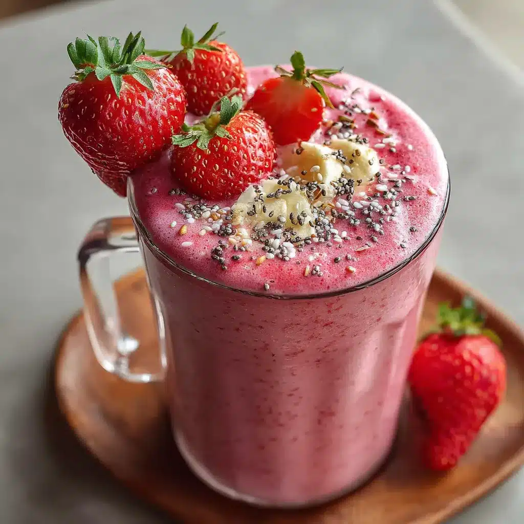 Batido nutritivo de fresa, plátano y espinacas servido en un vaso de cristal con rodajas de plátano y semillas de chía como decoración