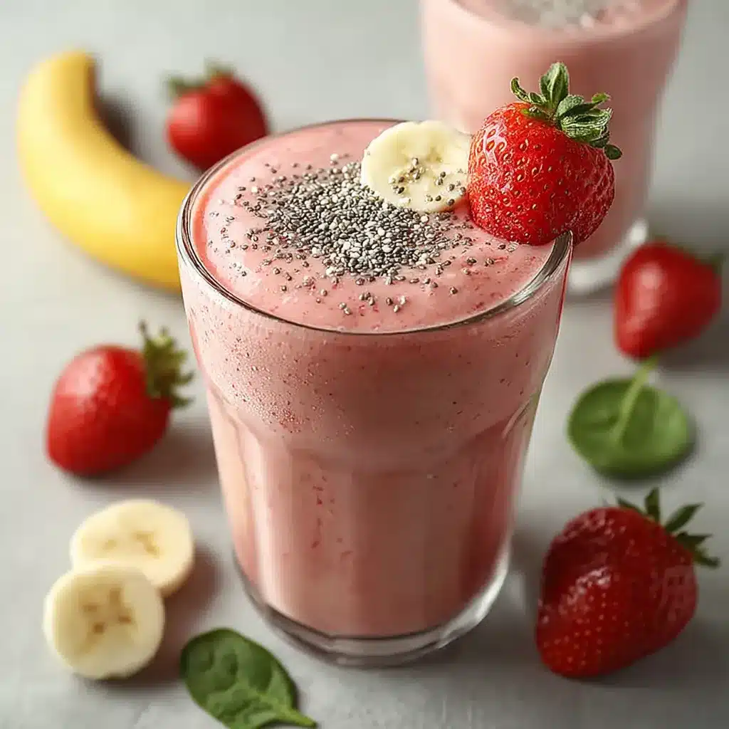 Batido nutritivo de fresa, plátano y espinacas servido en un vaso de cristal con rodajas de plátano y semillas de chía como decoración