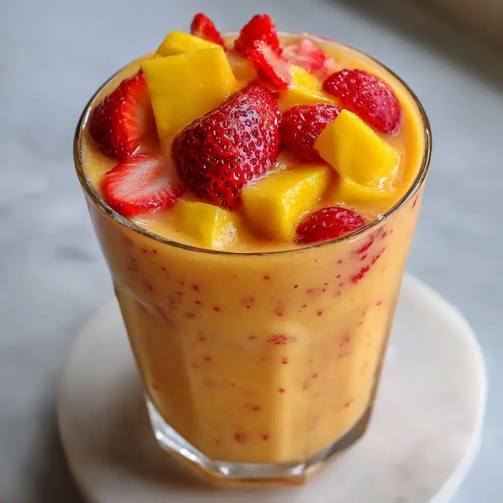 Batido Tropical de Fresa y Mango en vaso alto con trozos de fruta fresca como decoración