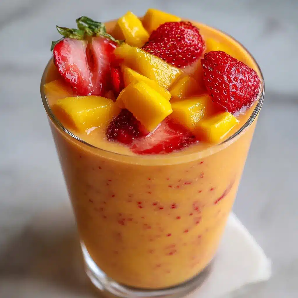 Batido Tropical de Fresa y Mango en vaso alto con trozos de fruta fresca como decoración