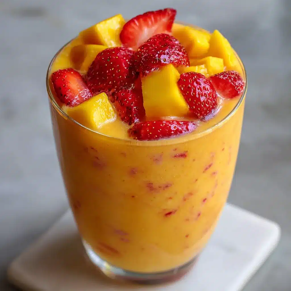 Batido Tropical de Fresa y Mango en vaso alto con trozos de fruta fresca como decoración