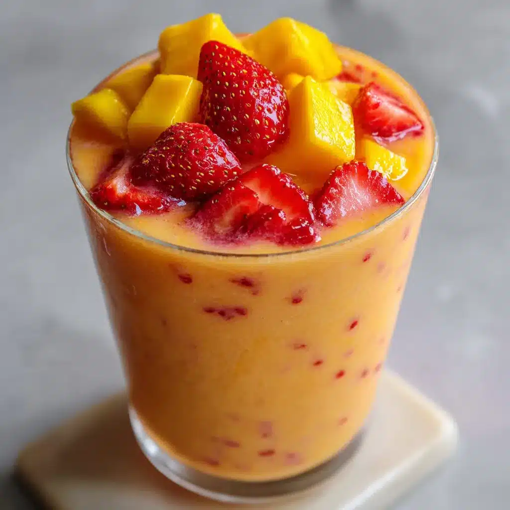 Batido Tropical de Fresa y Mango en vaso alto con trozos de fruta fresca como decoración