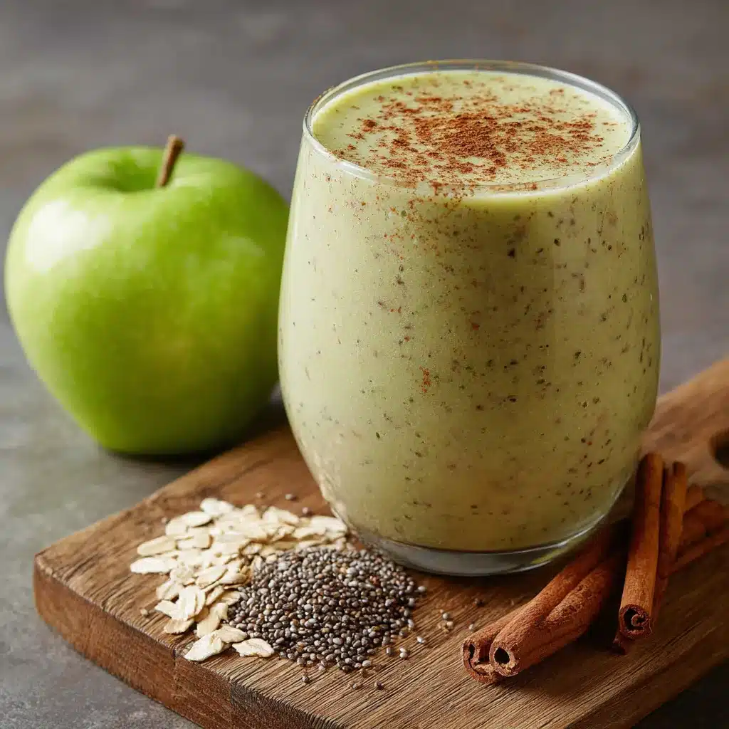 Vaso de batido de manzana verde con chía y avena sobre una mesa de madera