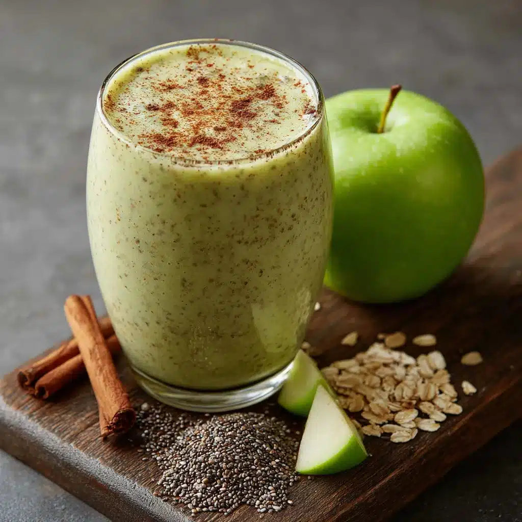 Vaso de batido de manzana verde con chía y avena sobre una mesa de madera