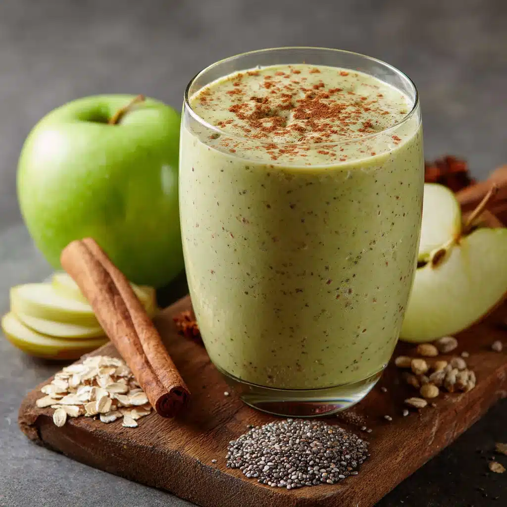 Vaso de batido de manzana verde con chía y avena sobre una mesa de madera