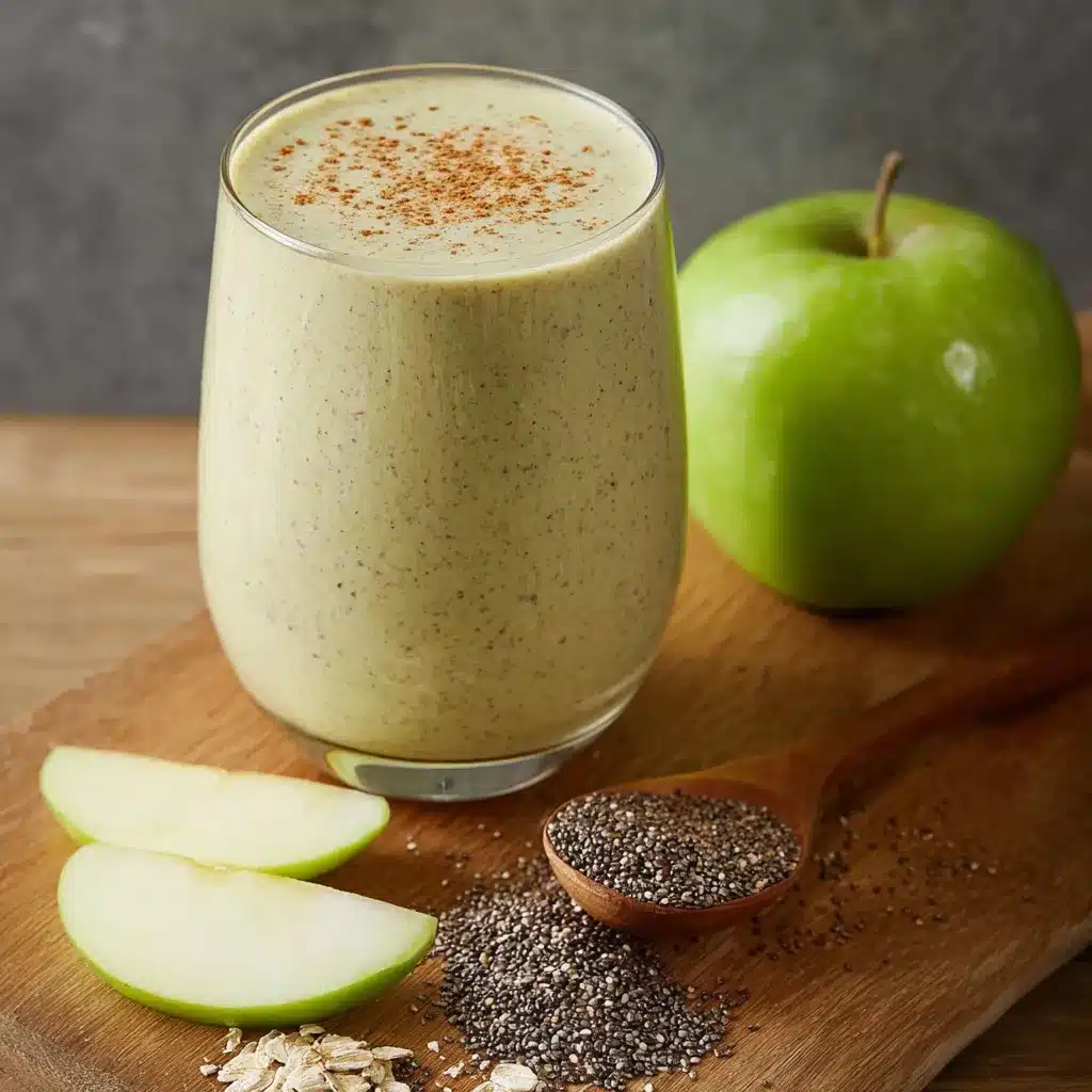 Vaso de batido de manzana verde con chía y avena sobre una mesa de madera