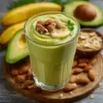 Batido de plátano, aguacate y almendras en un vaso de cristal sobre una mesa de madera