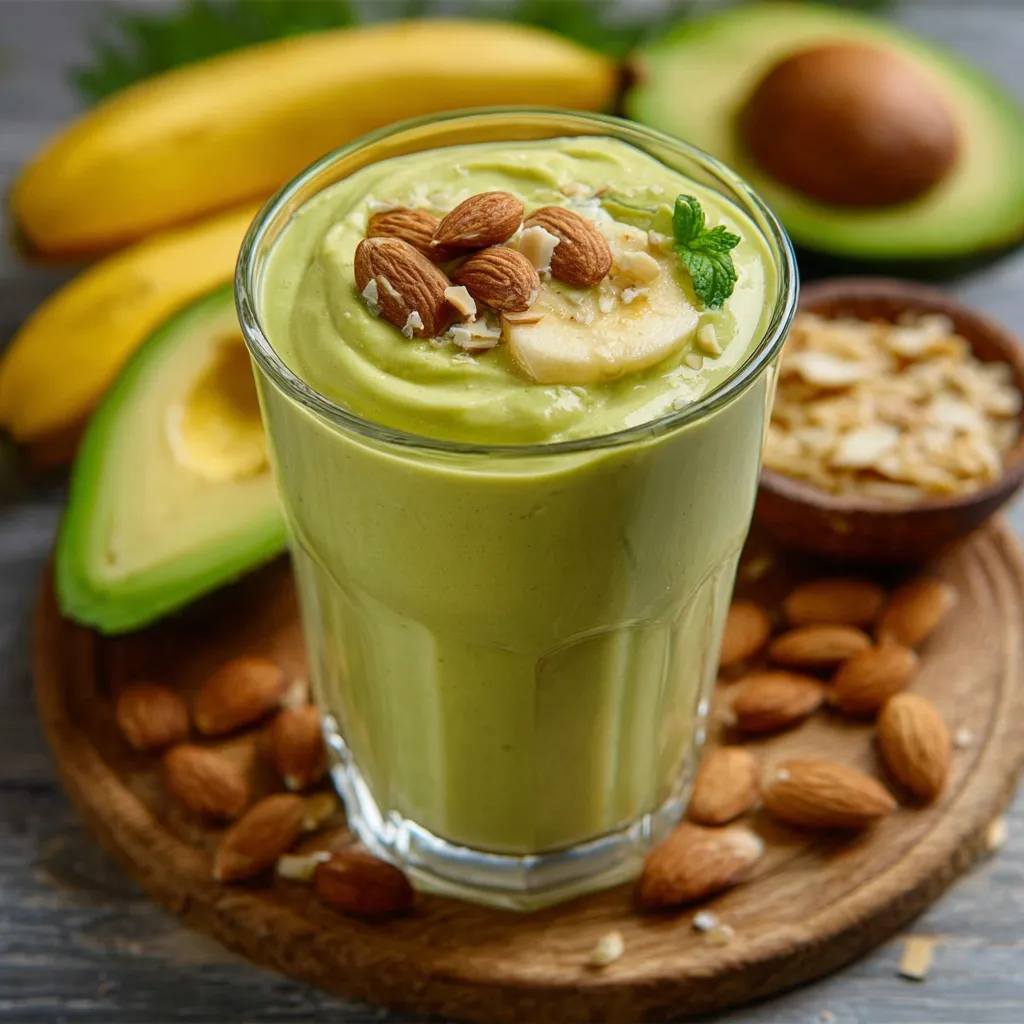 Batido de plátano, aguacate y almendras en un vaso de cristal sobre una mesa de madera