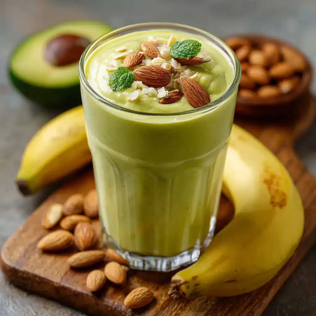 Batido de plátano, aguacate y almendras en un vaso de cristal sobre una mesa de madera