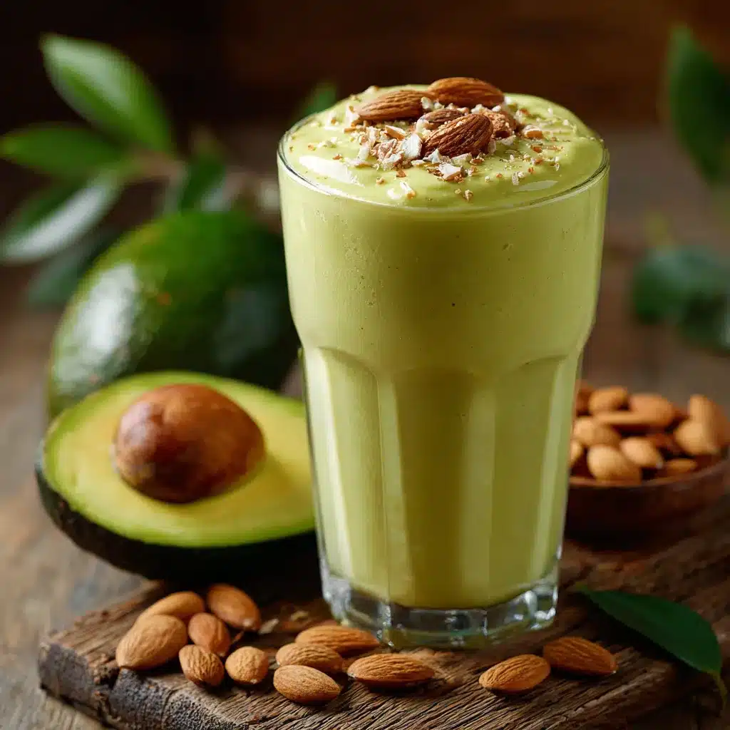 Batido de plátano, aguacate y almendras en un vaso de cristal sobre una mesa de madera