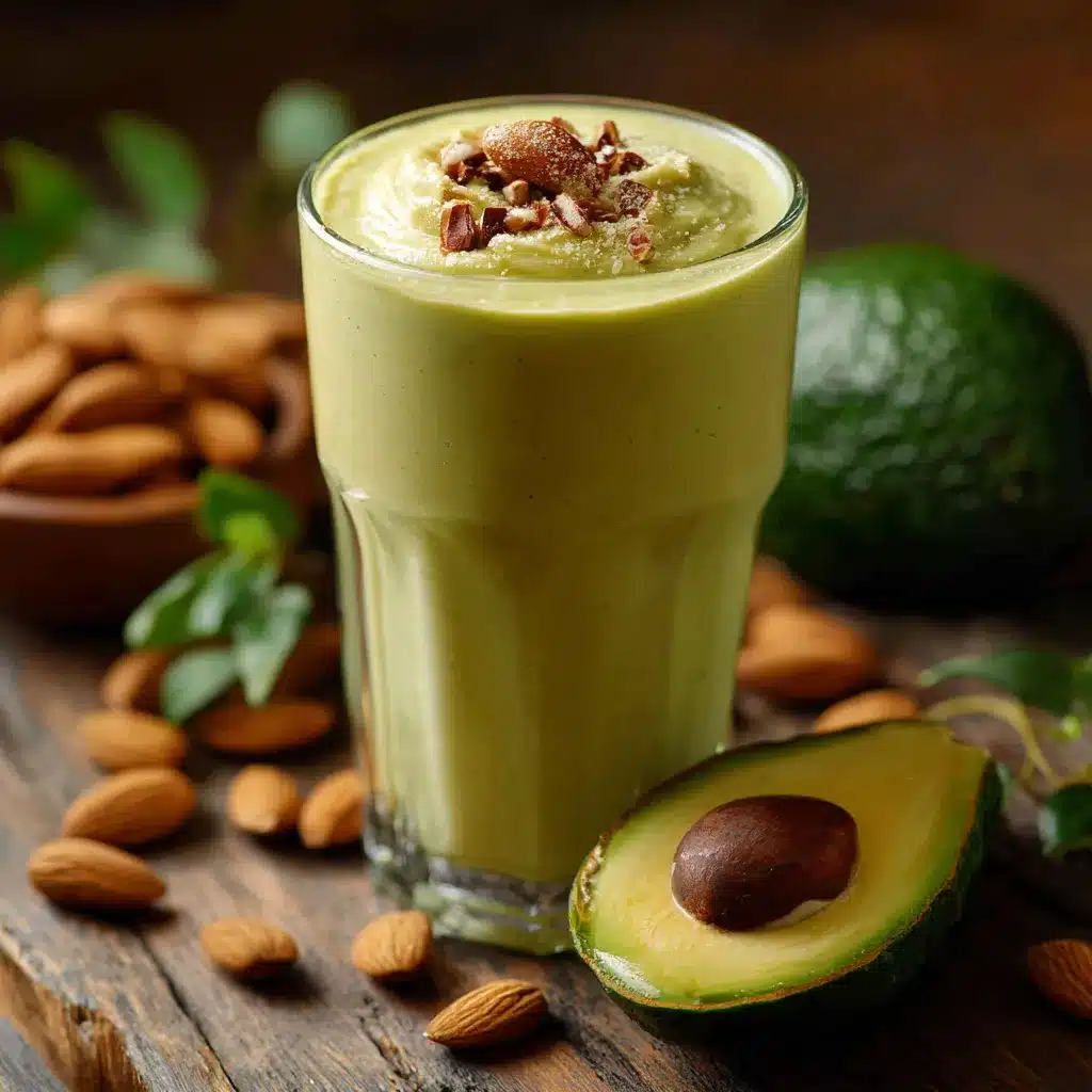 Batido de plátano, aguacate y almendras en un vaso de cristal sobre una mesa de madera