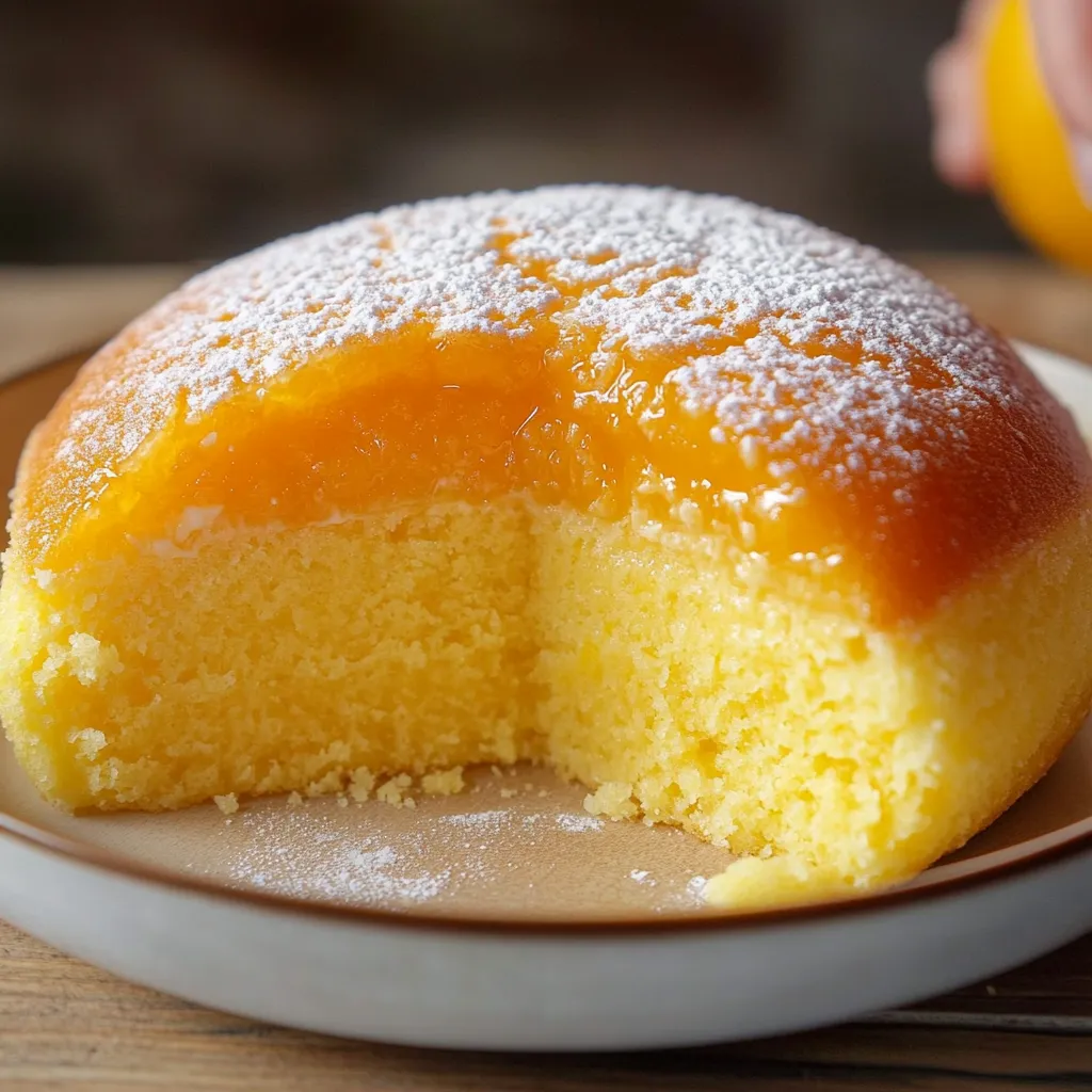 Bizcocho casero de naranja recién horneado en un plato blanco