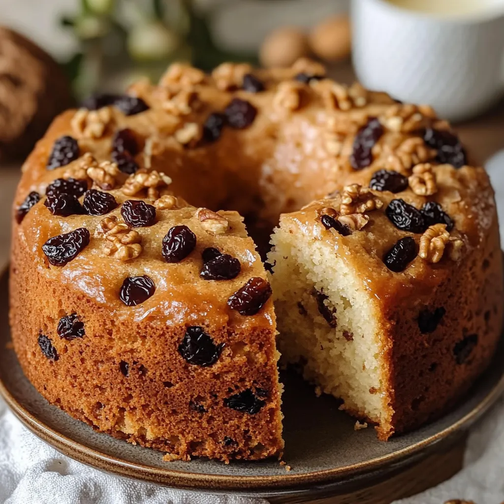 Bizcocho casero con pasas y nueces recién horneado y colocado sobre una rejilla