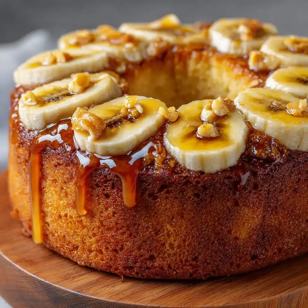 Bizcocho de banana con pasas recién horneado en un molde con rodajas de plátano y pasas como decoración