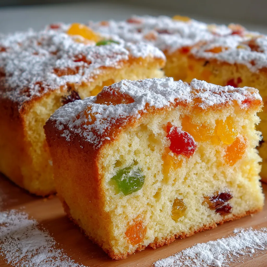 Bizcocho esponjoso con frutas cristalizadas recién horneado sobre una rejilla