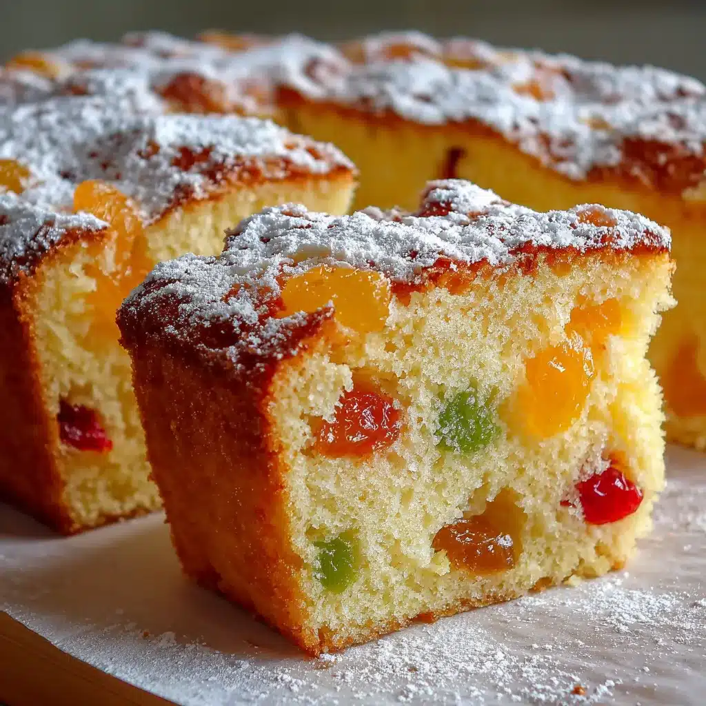 Bizcocho esponjoso con frutas cristalizadas recién horneado sobre una rejilla