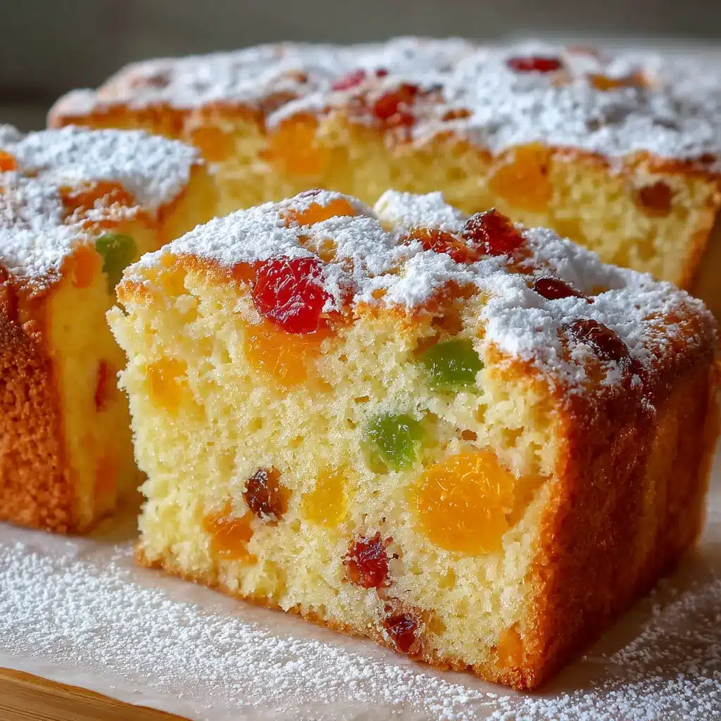 Bizcocho esponjoso con frutas cristalizadas recién horneado sobre una rejilla