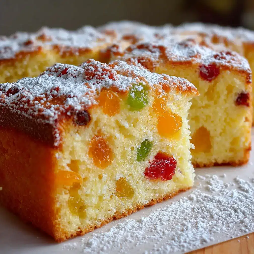 Bizcocho esponjoso con frutas cristalizadas recién horneado sobre una rejilla