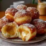 Bolas de fraile caseras recién fritas, rebozadas en azúcar y rellenas con dulce de leche.