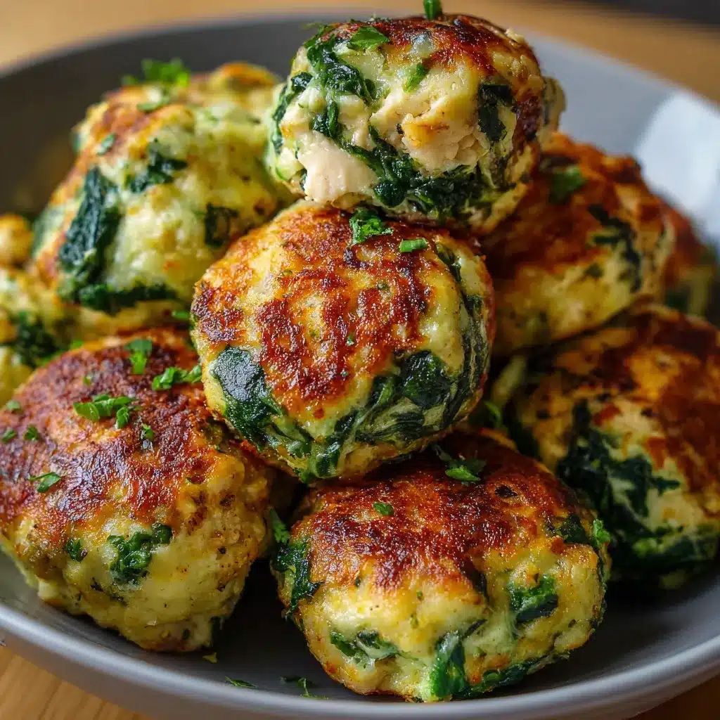 Bolitas de espinaca con pollo doradas al horno sobre bandeja