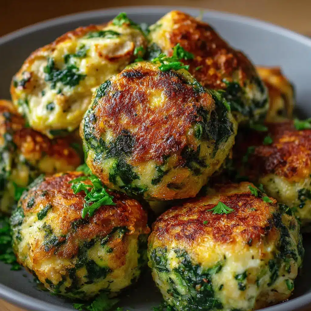 Bolitas de espinaca con pollo doradas al horno sobre bandeja