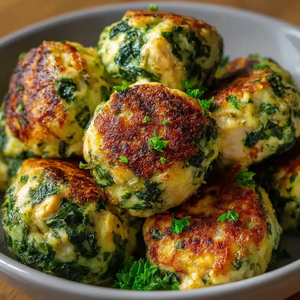 Bolitas de espinaca con pollo doradas al horno sobre bandeja
