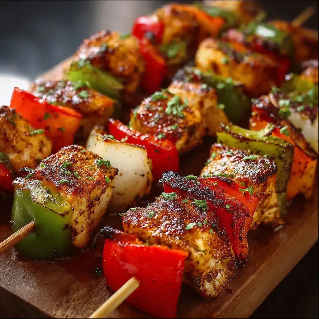 Brochetas de pollo cocidas con pimientos y cebolla en freidora de aire