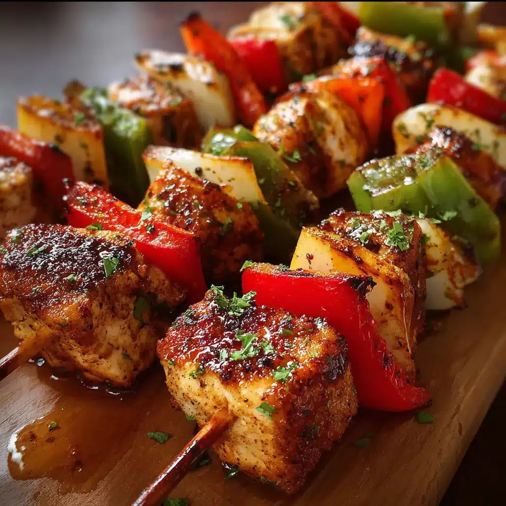 Brochetas de pollo cocidas con pimientos y cebolla en freidora de aire