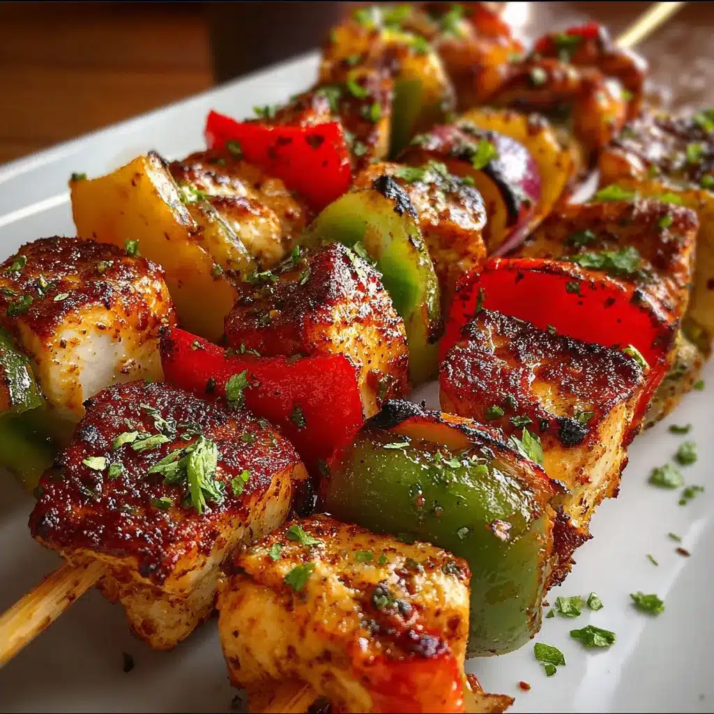 Brochetas de pollo cocidas con pimientos y cebolla en freidora de aire