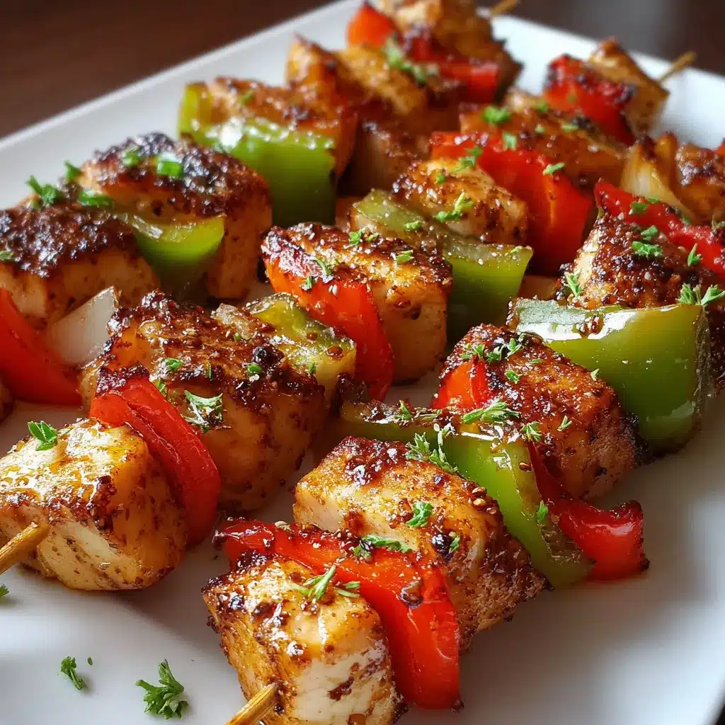 Brochetas de pollo cocidas con pimientos y cebolla en freidora de aire