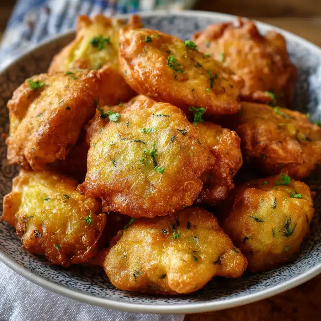 Buñuelos de calabacín recién fritos en un plato blanco con salsa ligera al lado
