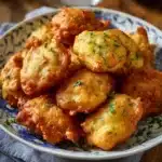 Buñuelos de calabacín recién fritos en un plato blanco con salsa ligera al lado