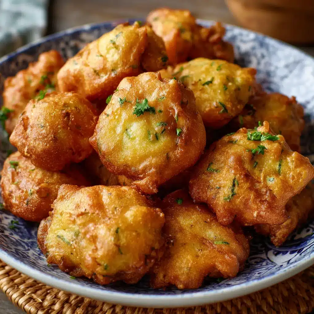 Buñuelos de calabacín recién fritos en un plato blanco con salsa ligera al lado
