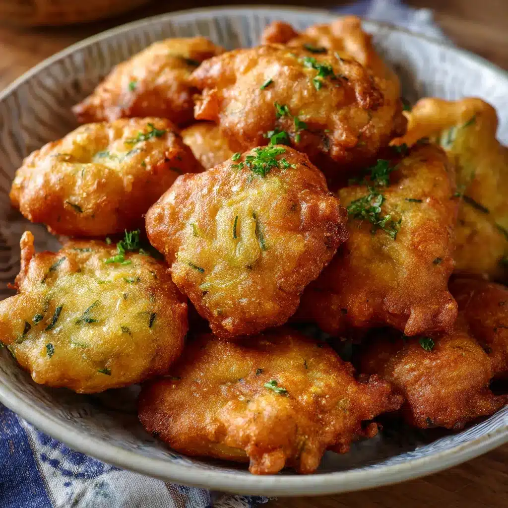 Buñuelos de calabacín recién fritos en un plato blanco con salsa ligera al lado