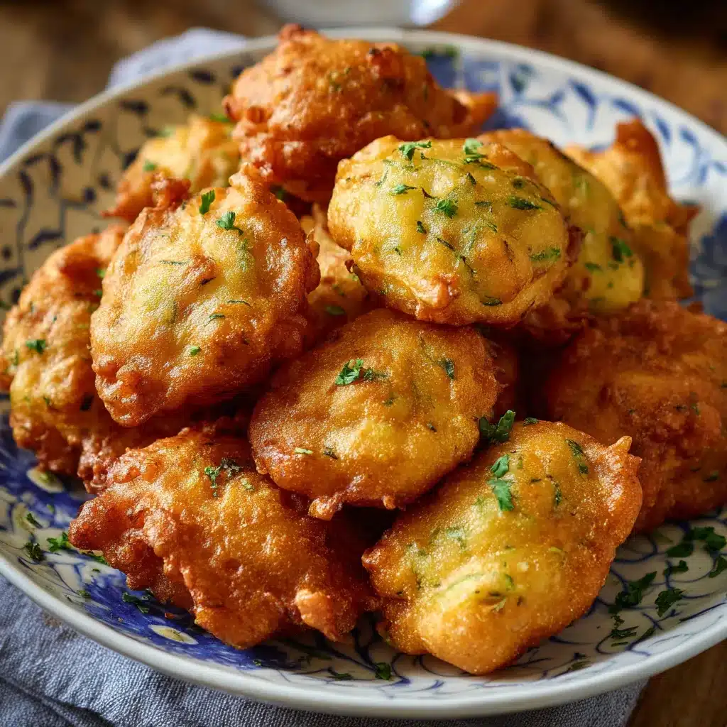 Buñuelos de calabacín recién fritos en un plato blanco con salsa ligera al lado