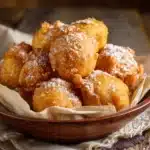 Buñuelos de calabaza recién fritos y espolvoreados con azúcar y canela sobre un plato rústico