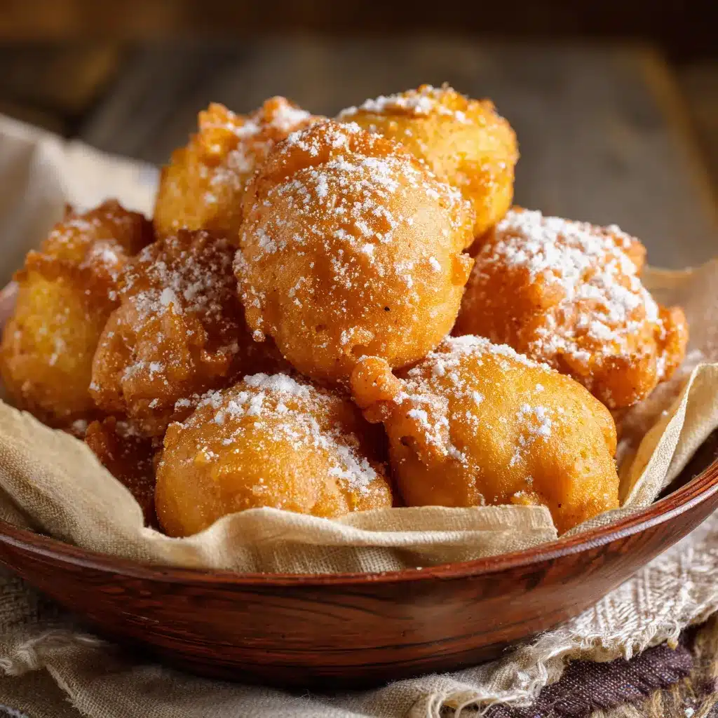 Buñuelos de calabaza recién fritos y espolvoreados con azúcar y canela sobre un plato rústico