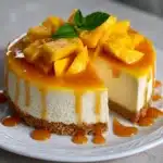 Cheesecake de mango sin horno con cobertura brillante de puré de mango y base crujiente de galletas.