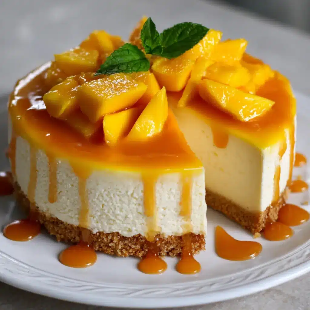 Cheesecake de mango sin horno con cobertura brillante de puré de mango y base crujiente de galletas.