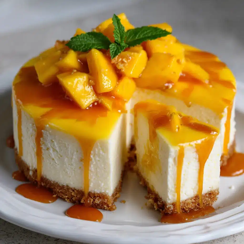 Cheesecake de mango sin horno con cobertura brillante de puré de mango y base crujiente de galletas.