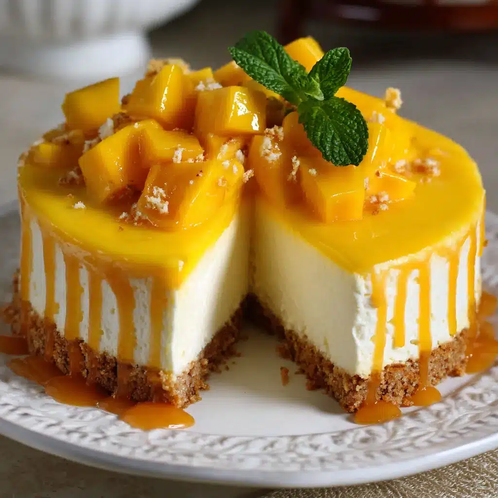 Cheesecake de mango sin horno con cobertura brillante de puré de mango y base crujiente de galletas.