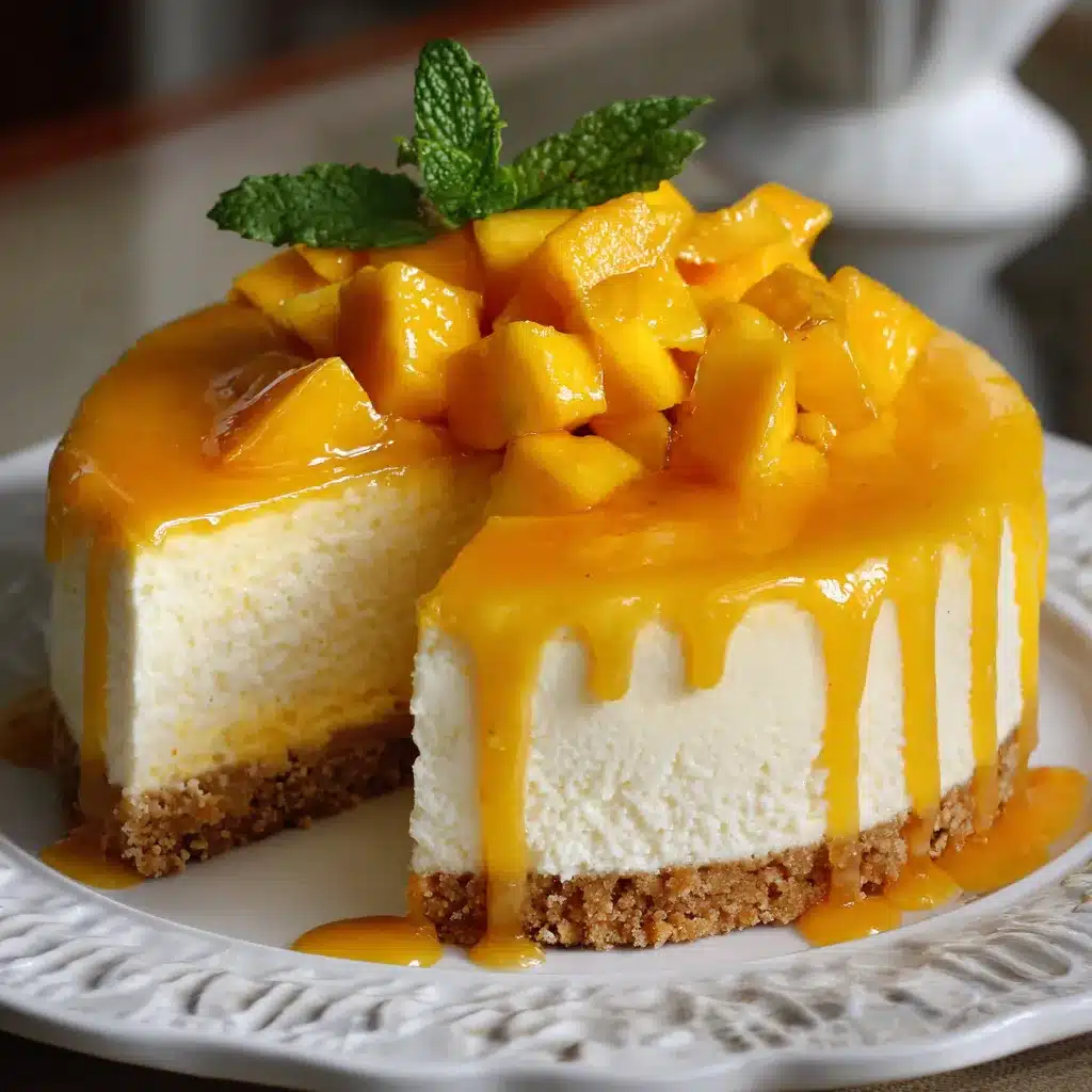 Cheesecake de mango sin horno con cobertura brillante de puré de mango y base crujiente de galletas.