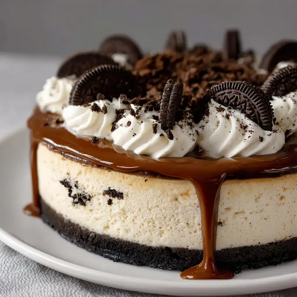 Cheesecake de Oreo sin horno sobre plato blanco decorado con galletas Oreo