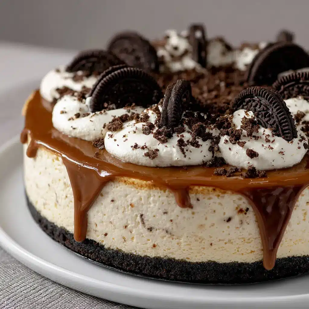 Cheesecake de Oreo sin horno sobre plato blanco decorado con galletas Oreo