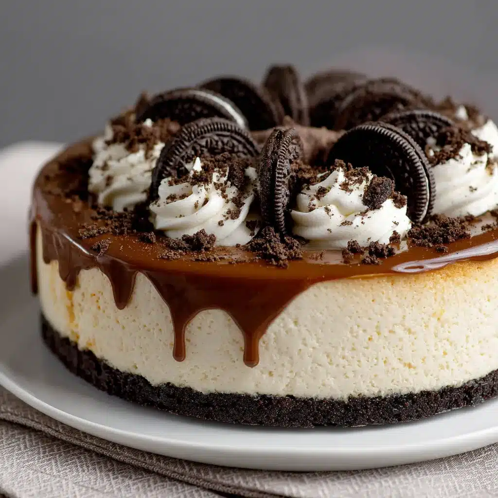 Cheesecake de Oreo sin horno sobre plato blanco decorado con galletas Oreo