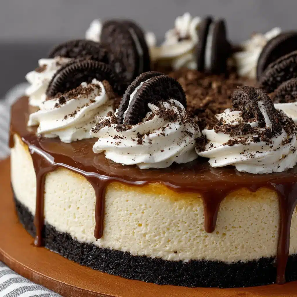 Cheesecake de Oreo sin horno sobre plato blanco decorado con galletas Oreo