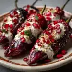 Chiles en Nogada servidos con nogada cremosa, granada y perejil