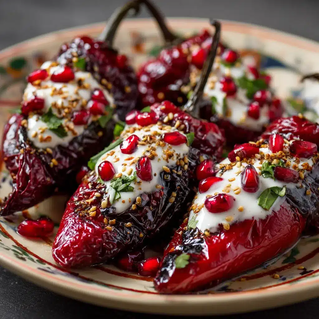 Chiles en Nogada servidos con nogada cremosa, granada y perejil