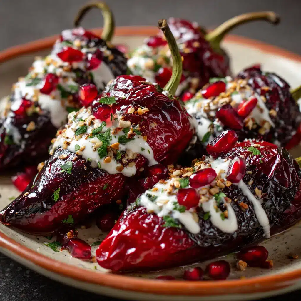 Chiles en Nogada servidos con nogada cremosa, granada y perejil